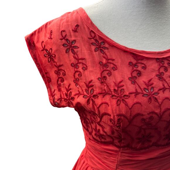 Free People Womens 2 Rose Garden Eyelet Embroidered Red Poppy Dress Fit Flare - Picture 4 of 13